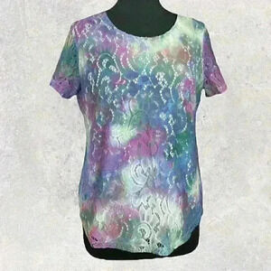 TanJay Women's Lined Lace Top S Multi Watercolor Scoop Neck Short Sleeve Scallop